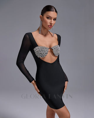 MESH-SLEEVE CRYSTAL BUSTIER BANDAGE DRESS IN BLACK