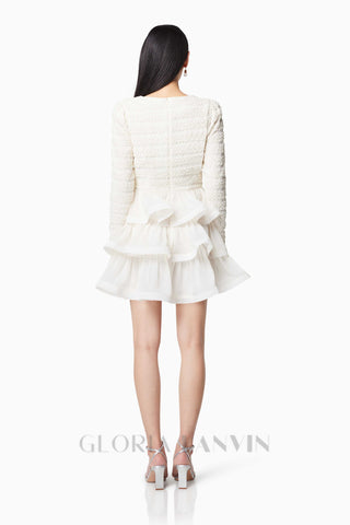 Ruffle trim Long Sleeved Mini Dress in white