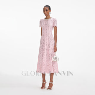 Sequin Floral Lace Midi Dress in pink