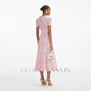 Sequin Floral Lace Midi Dress in pink