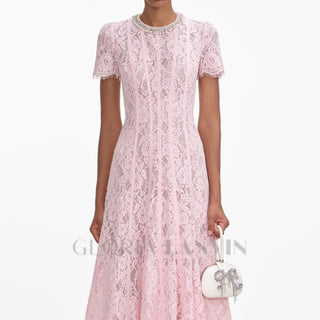 Sequin Floral Lace Midi Dress in pink