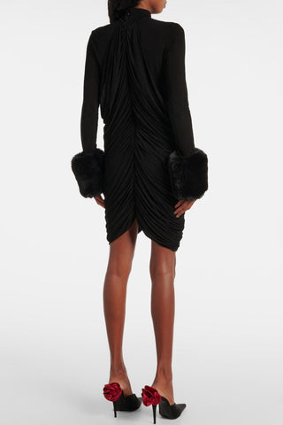 Vevida Ruched Mesh Faux Fur Mini Dress in black