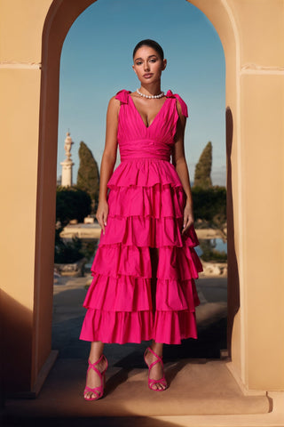 PLUNGE V RUFFLE TIERED SLIT GOWN IN PINK