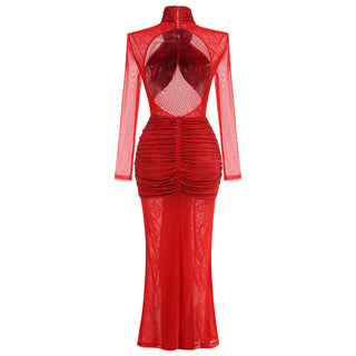 Slinky Mesh Long Sleeve Maxi Dress in Ruby