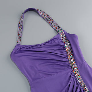 multicolor-pearl embellished purple halter maxi dress