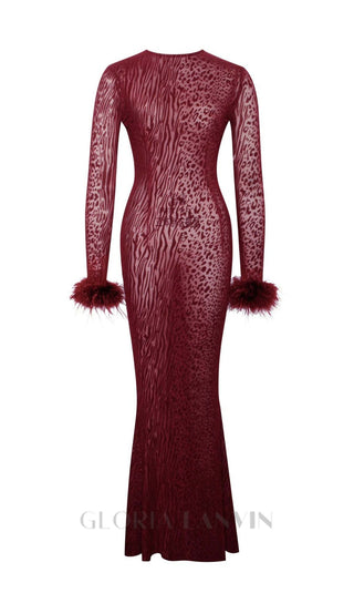 burgundy mesh feather maxi dress