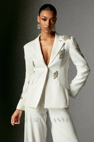 Winee Rhinestones embellished Blazer Set White