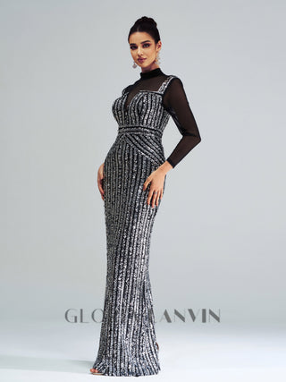 stand collar sequin panel maxi dress in black