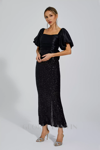 MARIA BLACK BOW SEQUINS EMBELLISHED MAXI DRESS