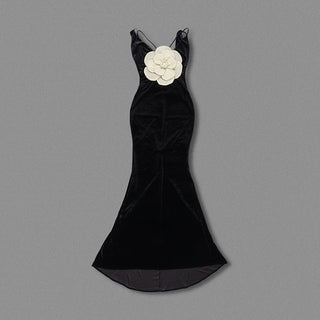 HARRIET GOLD 3D FLOWER BODYCON BLACK MAXI DRESS