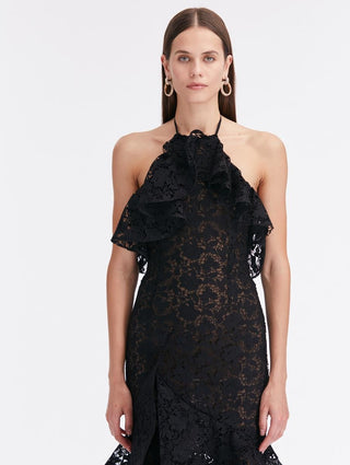 LYNN GARDENIA GUIPURE LACE RUFFLE GOWN IN BLACK