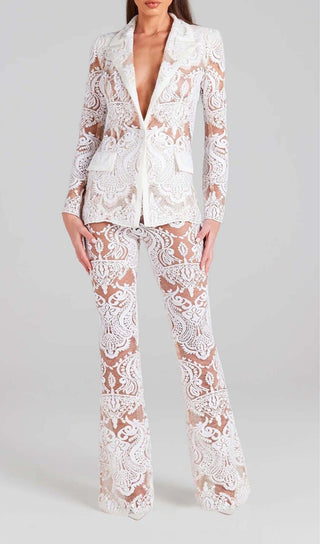 EMBROIDERED LACE MESH JACKET SUIT IN WHITE DRESS 