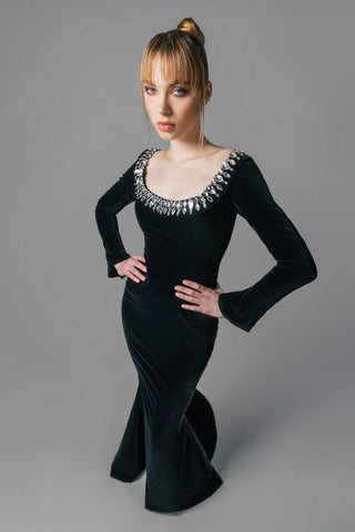 black crepe gown with crystal neckline