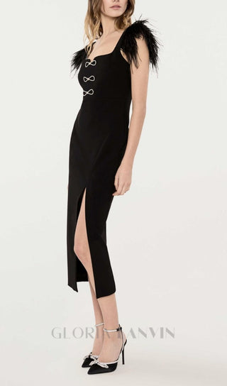 CARI BLACK BOW FEATHER BANDAGE MIDI DRESS