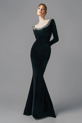 black crepe gown with crystal neckline