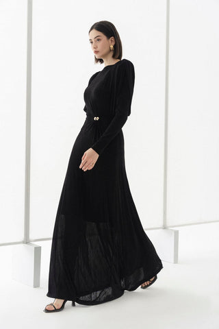 black straight boat neck knitted fabric maxi dress