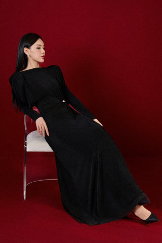 black straight boat neck knitted fabric maxi dress