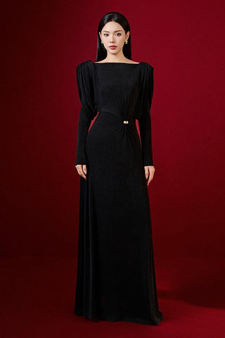 black straight boat neck knitted fabric maxi dress