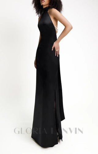 MIGNON SATIN BELT BACKLESS PEARL EMBELLISHED MAXI DRESS IN BLACK