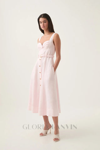 sweetheart neckline belted midi dress in pink