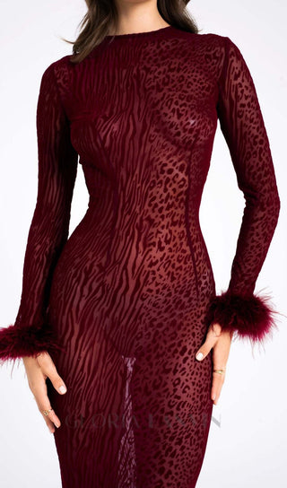 burgundy mesh feather maxi dress