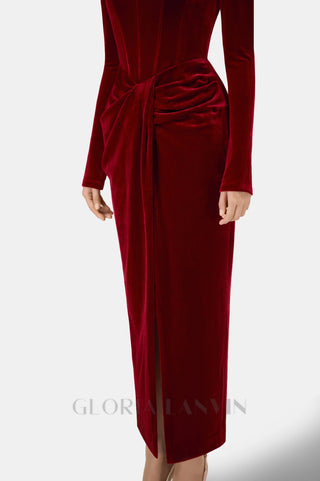 Bordeaux Velvet Draped midi Dress