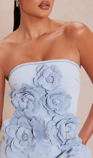 CANTO STRAPLESS FLOWER DENIM MINI DRESS IN BLUE