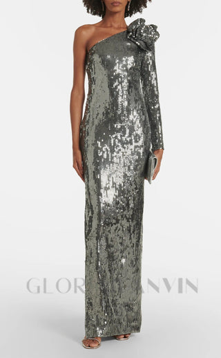 Floral-appliqué sequin gown in silver