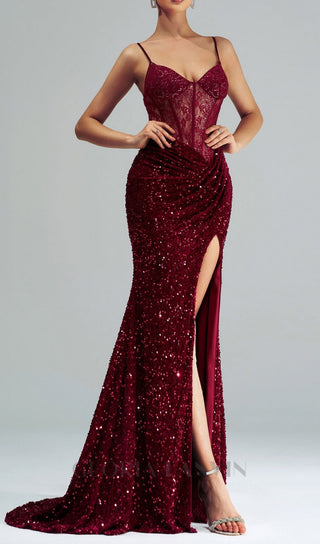 lace corset sequin maxi dress in red