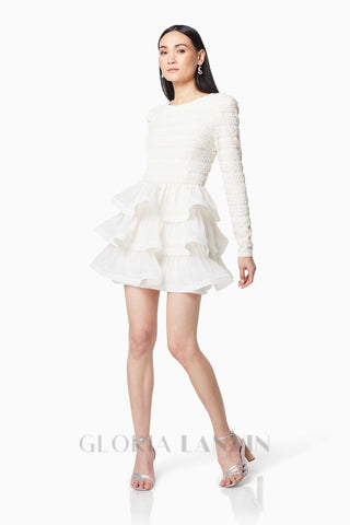 Ruffle trim Long Sleeved Mini Dress in white