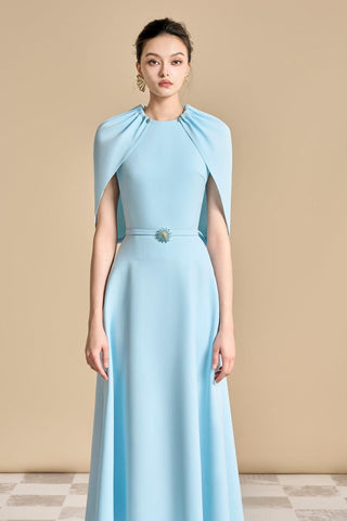 Jasmine A-line Cape Sleeved maxi Dress in light blue