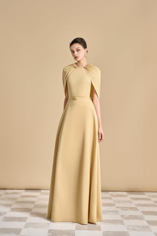 Jasmine A-line Cape Sleeved maxi Dress in yellow beige