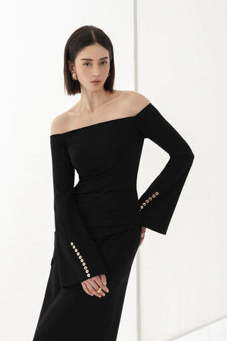 DOROTHY BLACK SHEATH OFF-SHOULDER RUCHED MIDI DRESS