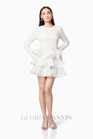 Ruffle trim Long Sleeved Mini Dress in white