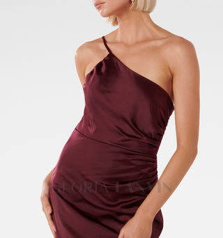 bordeaux one shoulder satin maxi dress