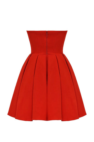 tomato red strapless pleated mini dress