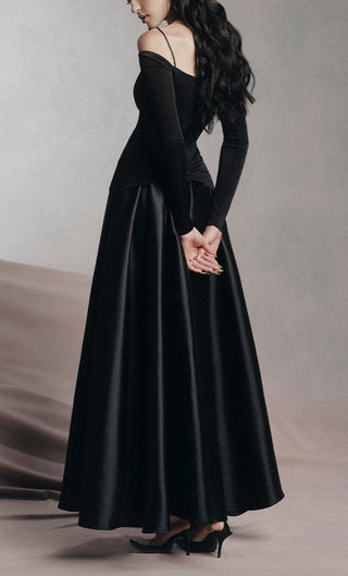 black A-line Cold Shoulder Sleeved Spandex Taffeta Maxi Dress