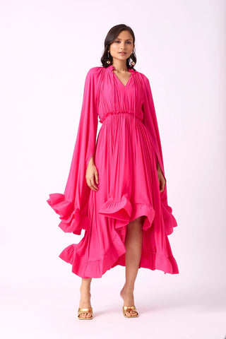 RUFFLE TRIM MAXI DRESS IN ROSE RED