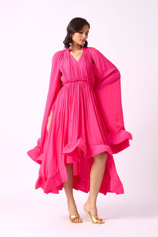 RUFFLE TRIM MAXI DRESS IN ROSE RED