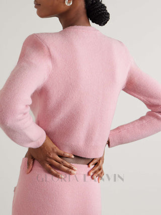 Rhinestone-embellishment padded-shoulders knitted cardigan in pink