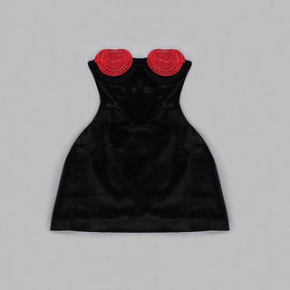 BESS CRYSTAL RED HEART MINI DRESS IN BLACK