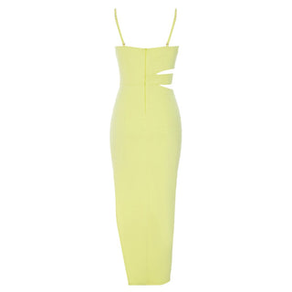 SATIN CUT OUT V NECK MIDI DRESS IN YELLOW-styleofcb