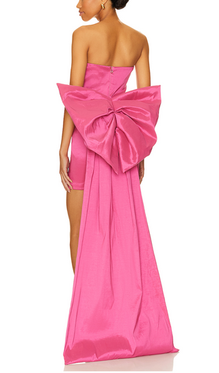 PINK TAFFETA STRAPLESS BOW MINI DRESS