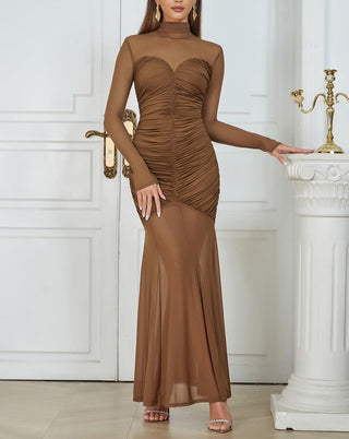 BROWN FIGURE-HUGGING RUCHED MAXI DRESS