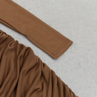 BROWN FIGURE-HUGGING RUCHED MAXI DRESS