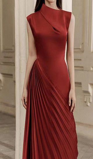 RED DIAGONAL PLEATED MIDI DRESS