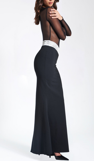 BLACK CRYSTAL WAIST TRIM SHEER MAXI DRESS