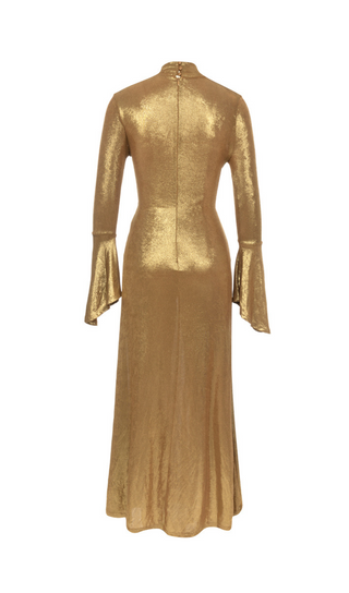 TRUMPET LONG-SLEEVE LOW-CUT CUTOUT GOLD MAXI DRESS