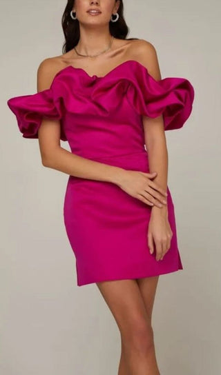 SATIN A-LINE NECKLINE POD RUFFLE MINI DRESS IN PINK styleofcb 