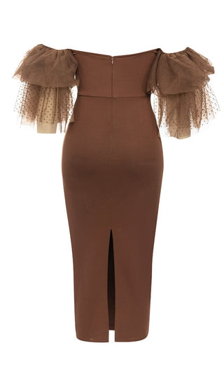 OFF-SHOULDER RUFFLED MIDI DRESS IN BROWN DRESS STYLE OF CB 